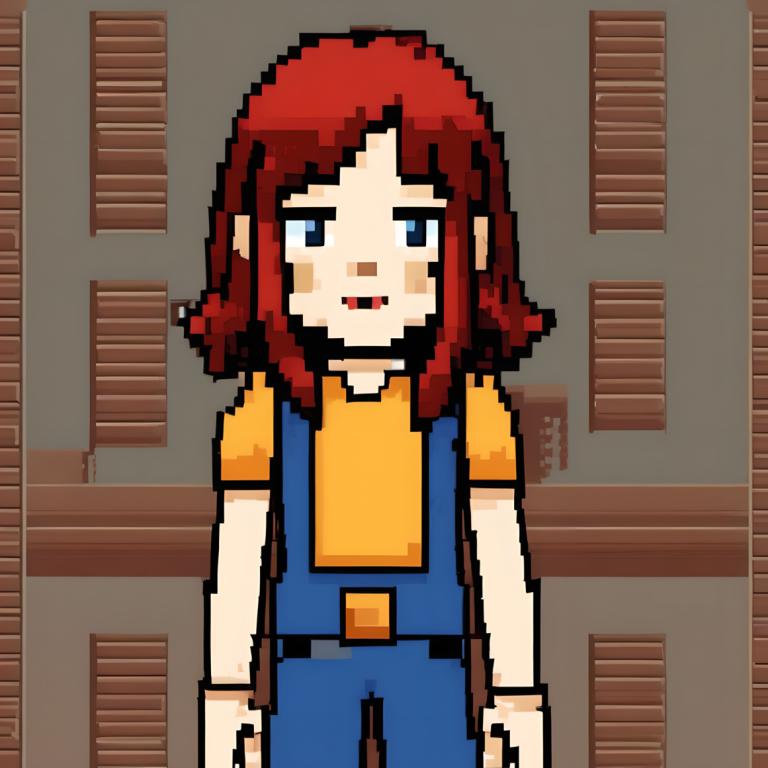 Pixel Art,Pixel Art, People, girl, solo, shirt, 1girl, red hair, blue eyes, overalls, yellow shirt