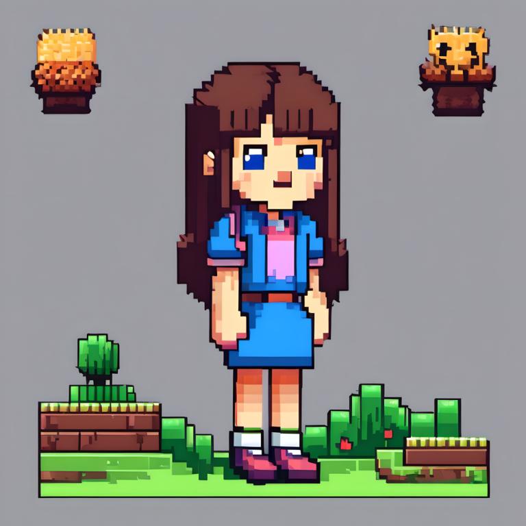 Pixel Art,Pixel Art, People, girl, 1girl, brown hair, blue eyes, long hair, grey background, solo, grass