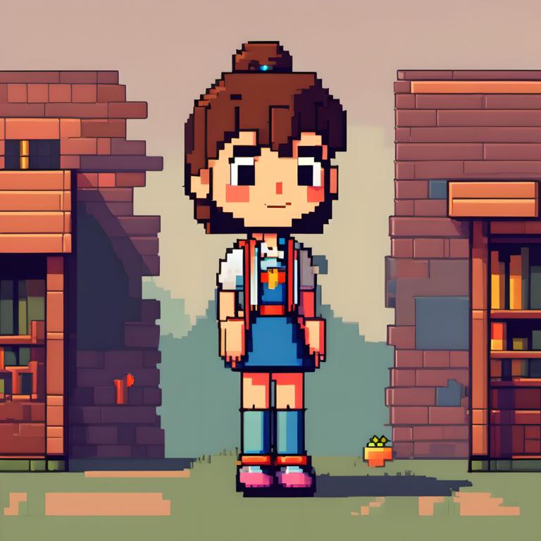 Pixel Art,Pixel Art, People, girl, 1girl, solo, brown hair, bookshelf, socks, standing, shirt, blush stickers