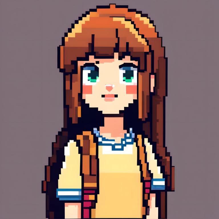 Pixel Art,Pixel Art, People, girl, 1girl, solo, brown hair, long hair, backpack, green eyes