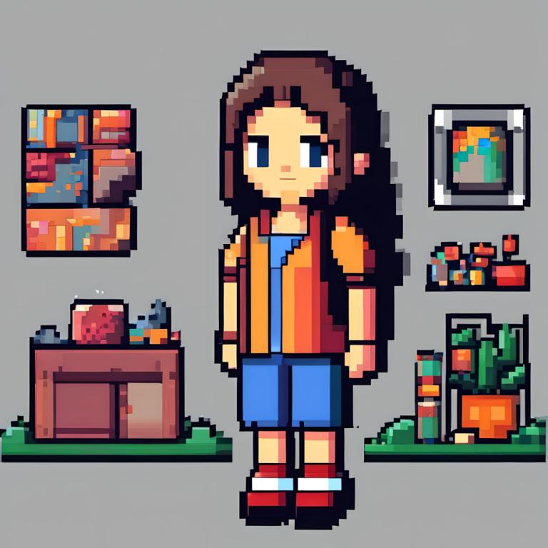 Pixel Art,Pixel Art, People, girl, brown hair, 1girl, grey background, blue eyes, shirt, solo, long hair