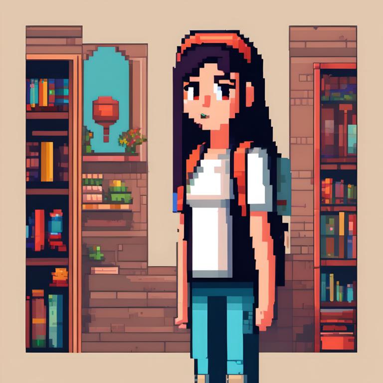 Pixel Art,Pixel Art, People, girl, 1girl, solo, backpack, long hair, shirt, black hair, bag, red eyes