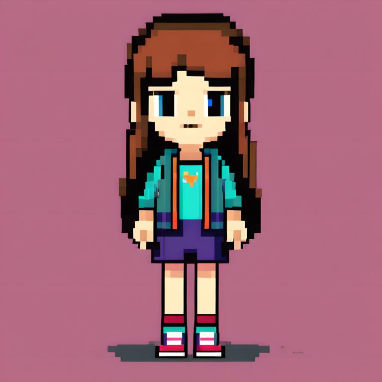 Pixel art,Pixel art, Personnes, fille, 1fille, solo, cheveux bruns, shorts, cheveux longs, bretelles, chemise