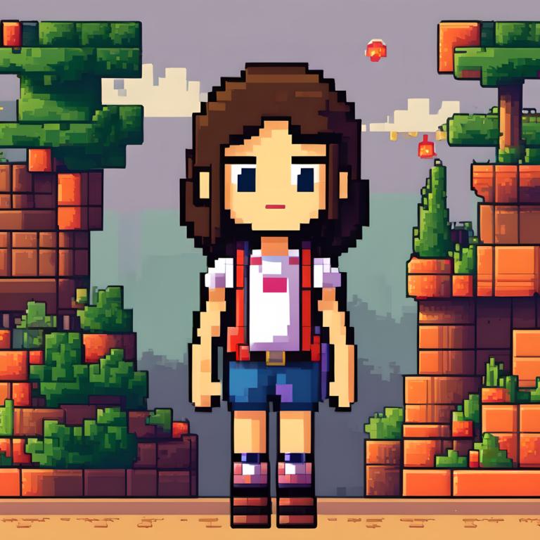 Pixel Art,Pixel Art, People, girl, brown hair, solo, 1girl, shorts, shirt, blue eyes, standing, belt