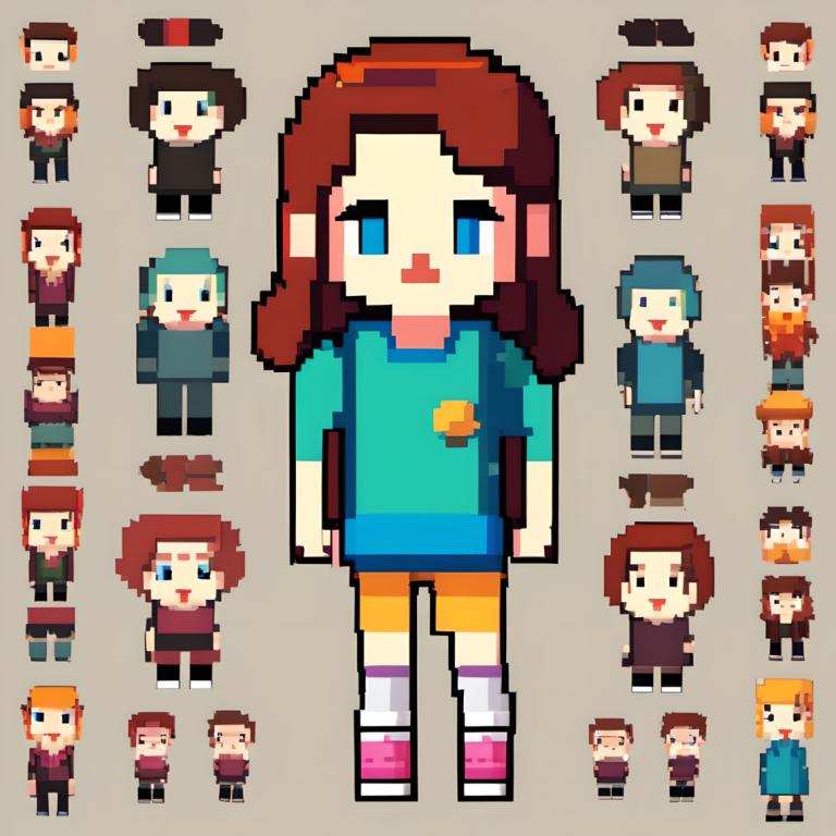 Pixel Art,Pixel Art, People, girl, brown hair, multiple girls, long hair, hat, shirt, blue eyes, standing