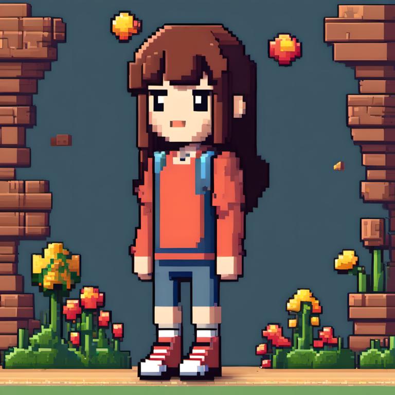 Pixel Art,Pixel Art, People, girl, 1girl, brown hair, flower, solo, long hair, shirt, smile, open mouth