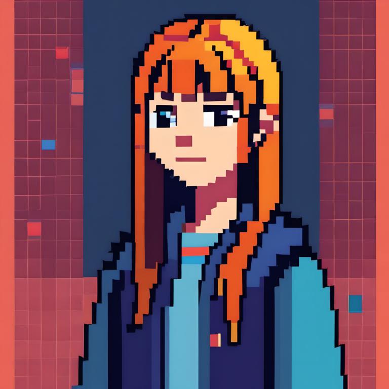 Pixel Art,Pixel Art, People, girl, solo, 1girl, long hair, shirt, bangs, orange hair, upper body, black eyes