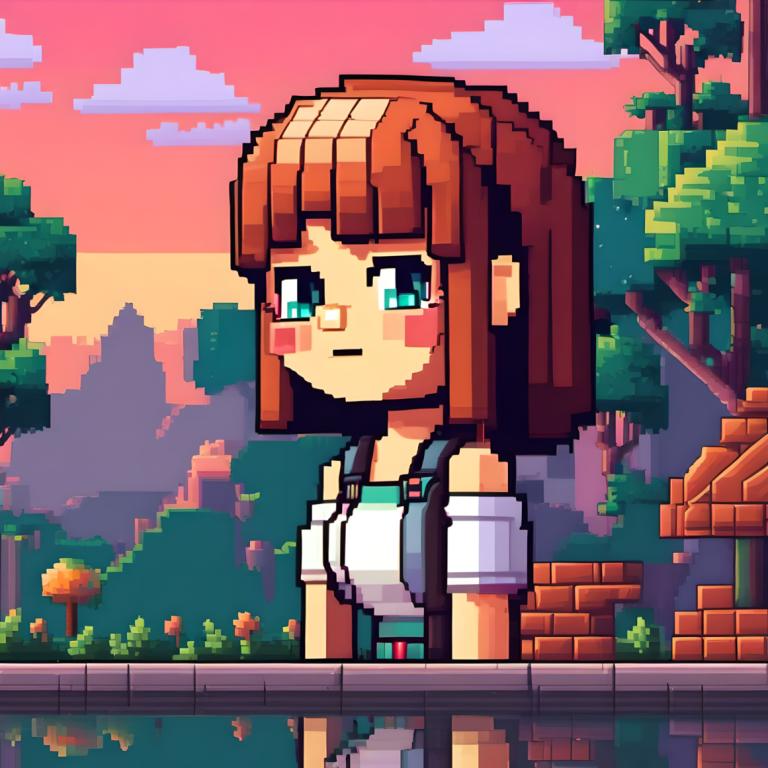 Pixel Art,Pixel Art, People, girl, 1girl, solo, brown hair, tree, outdoors, bangs, blush stickers