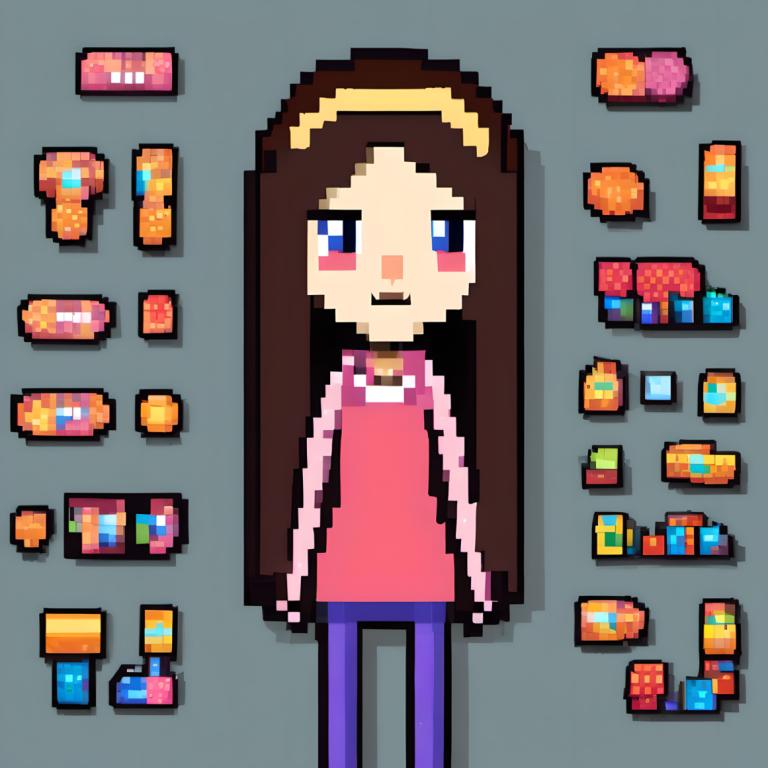 Pixel Art,Pixel Art, People, girl, 1girl, solo, long hair, brown hair, blue eyes, grey background, smile