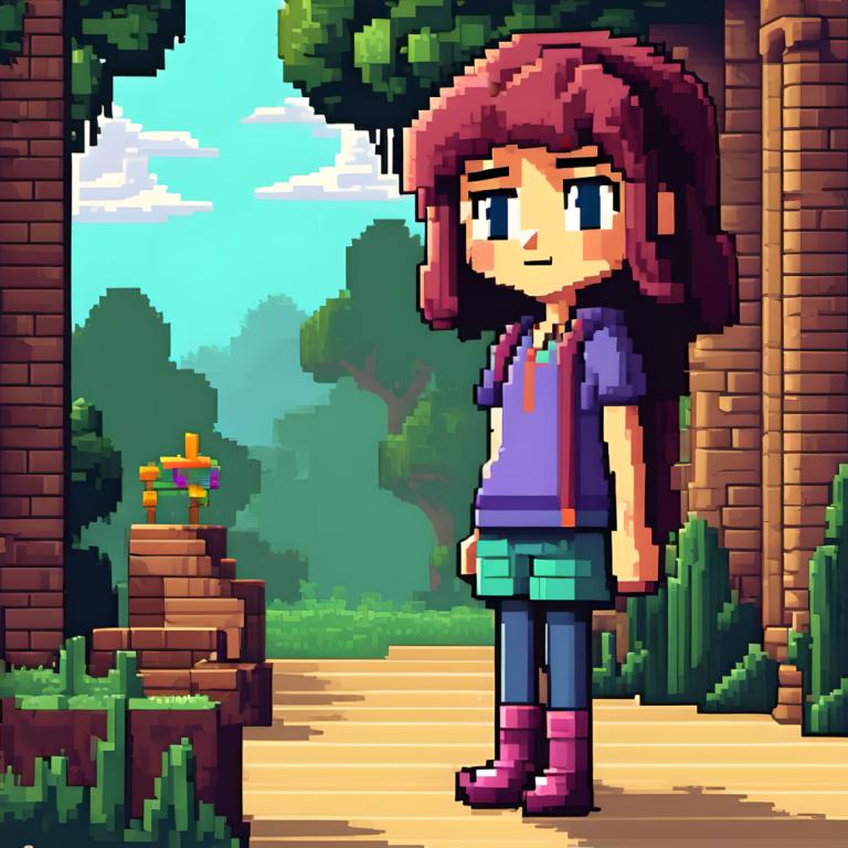 Pixel Art,Pixel Art, People, girl, 1girl, solo, shirt, blue eyes, outdoors, shorts, pantyhose, tree, day