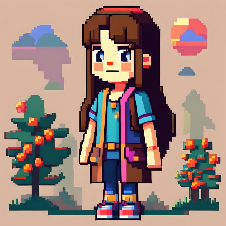 Pixel Art,Pixel Art, People, girl, 1girl, solo, brown hair, long hair, blue eyes, shirt, bag