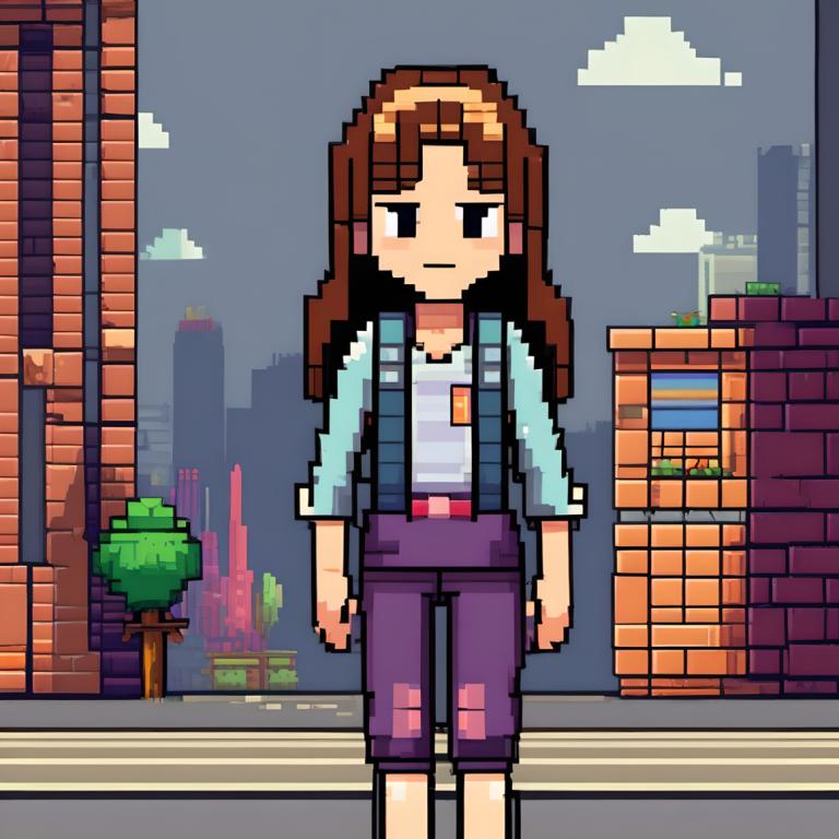 Pixel Art,Pixel Art, People, girl, 1girl, solo, brown hair, long hair, shirt, outdoors, pants, black eyes