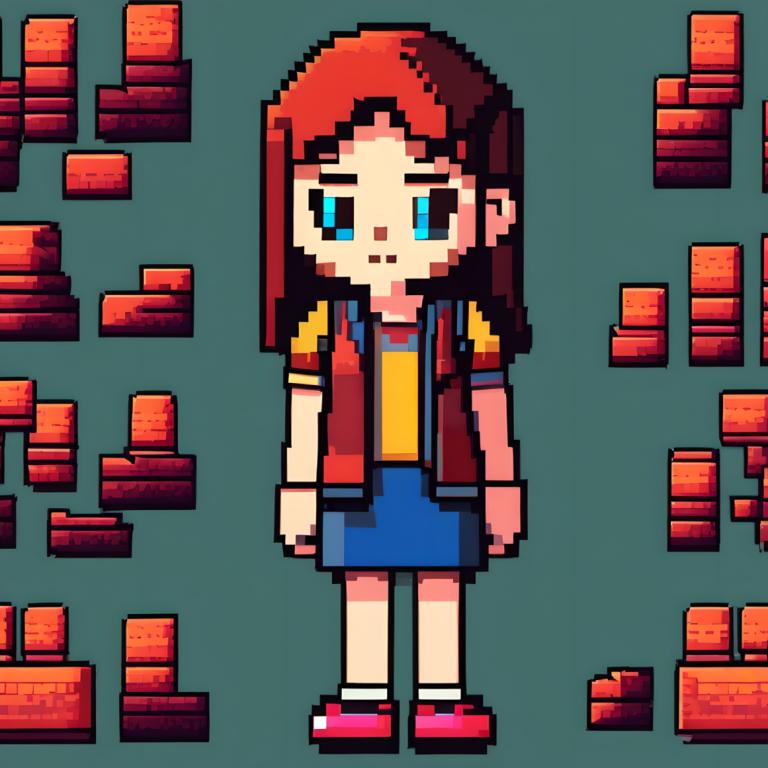 Pixel Art,Pixel Art, People, girl, 1girl, solo, yellow shirt, shirt, skirt, blue eyes, red footwear