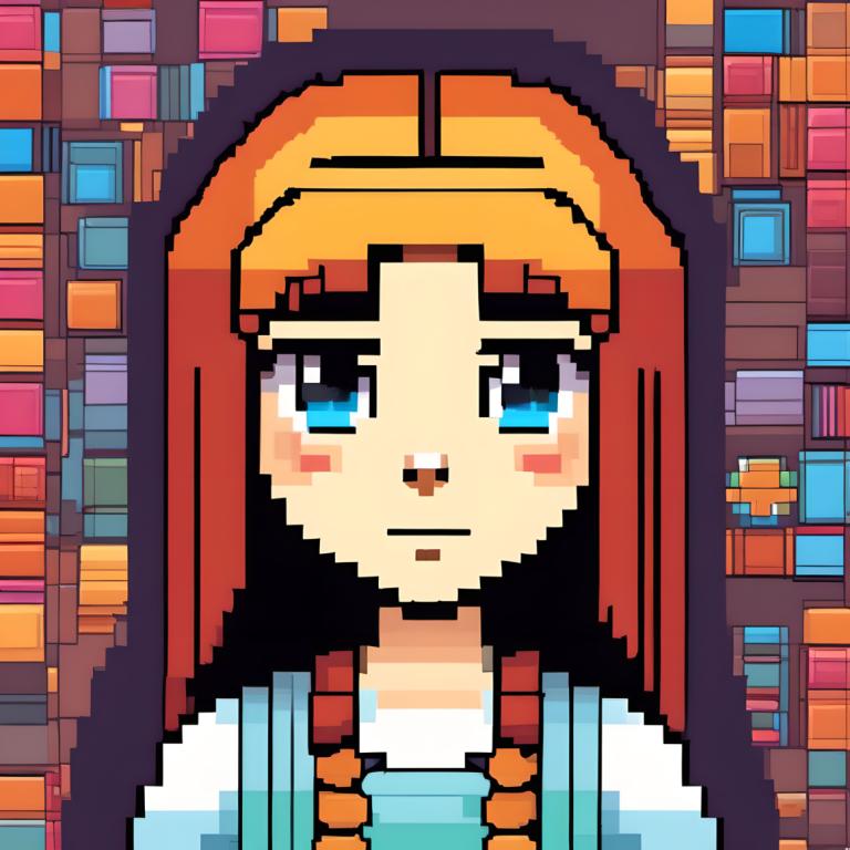 Pixel Art,Pixel Art, People, girl, solo, blue eyes, bookshelf, facial hair, looking at viewer, book, overalls