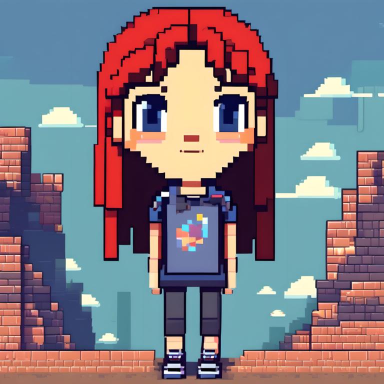 Arte de pixel,Arte de pixel, Gente, chica, solo, 1 chica, cabello rojo, ojos azules, camisa, pelo largo