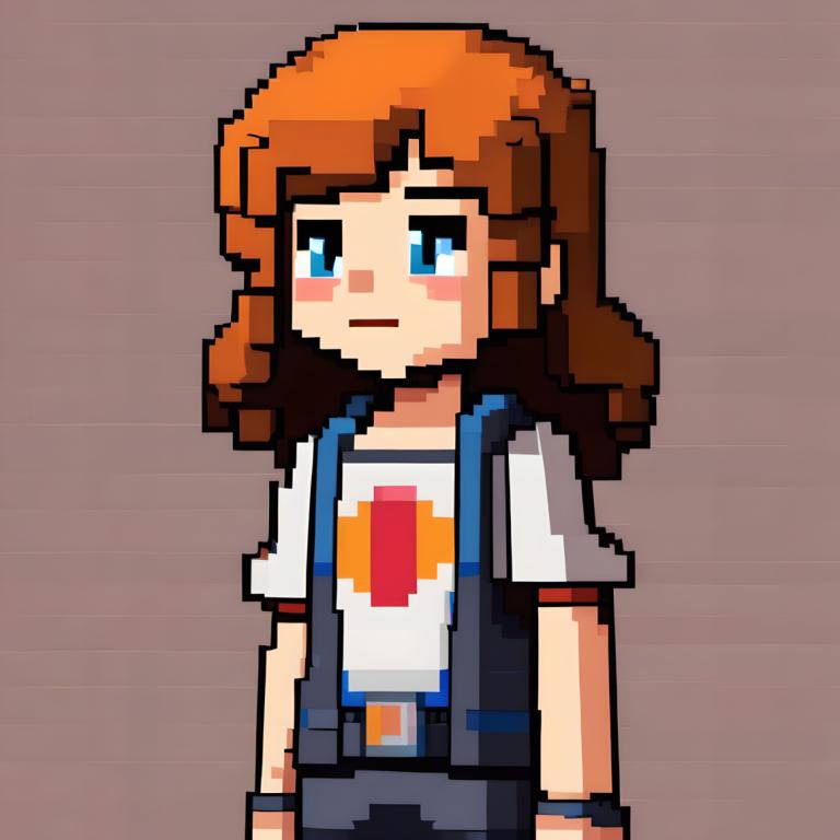 Pixel Art,Pixel Art, People, girl, solo, blue eyes, 1girl, shirt, brown hair, white shirt, orange hair