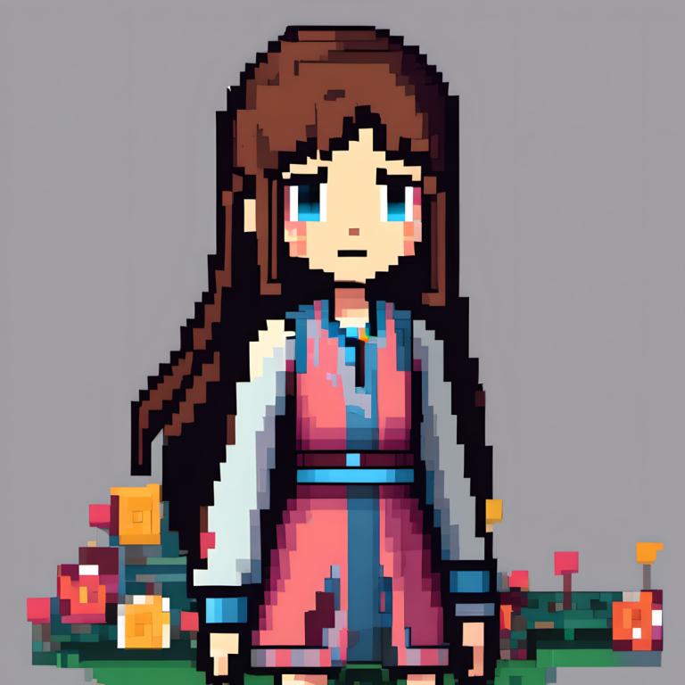 Pixel Art,Pixel Art, People, girl, 1girl, brown hair, solo, long hair, blue eyes, grey background