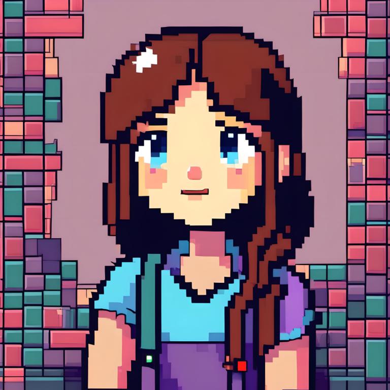 Arte de pixel,Arte de pixel, Gente, chica, 1 chica, solo, Pelo castaño, ojos azules, camisa, pelo largo