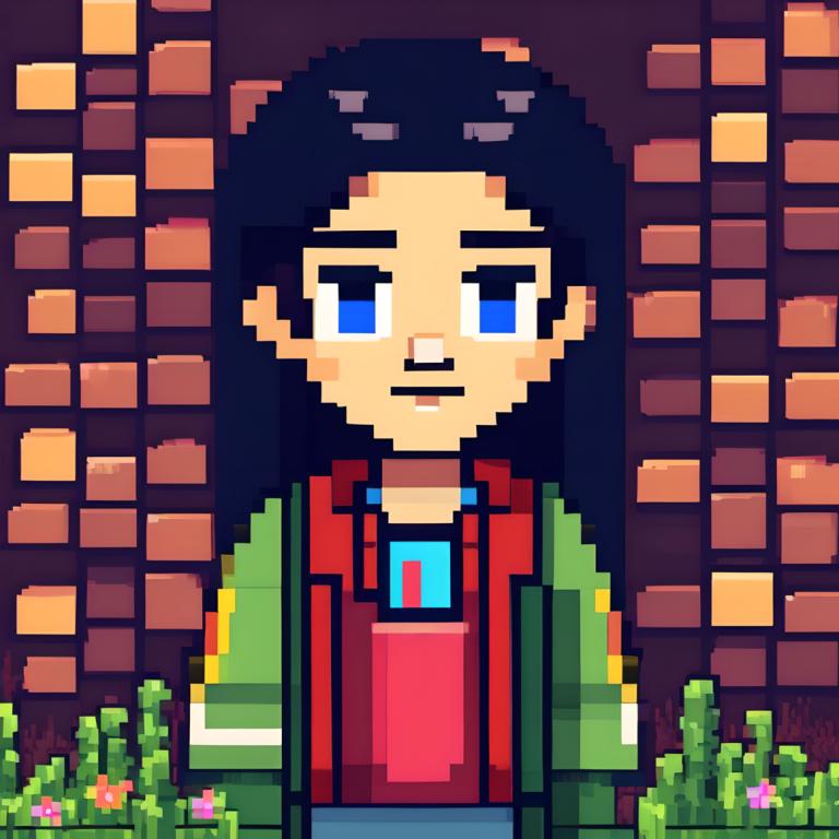 Pixel Art,Pixel Art, People, girl, solo, black hair, blue eyes, facial hair, 1boy, brick wall, male focus