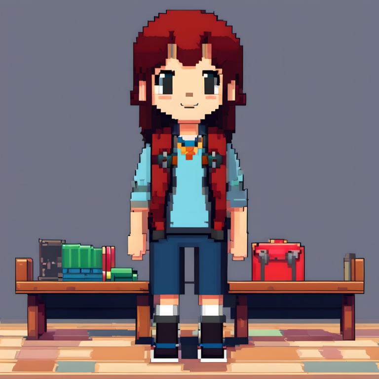 Pixel Art,Pixel Art, People, girl, 1girl, solo, long hair, shirt, shorts, standing, blue shirt, red hair