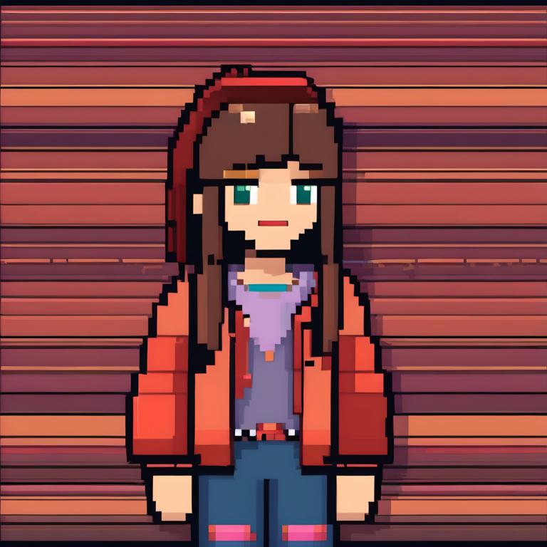 Pixel Art,Pixel Art, People, girl, solo, 1girl, brown hair, jacket, shirt, red jacket, pants, long hair