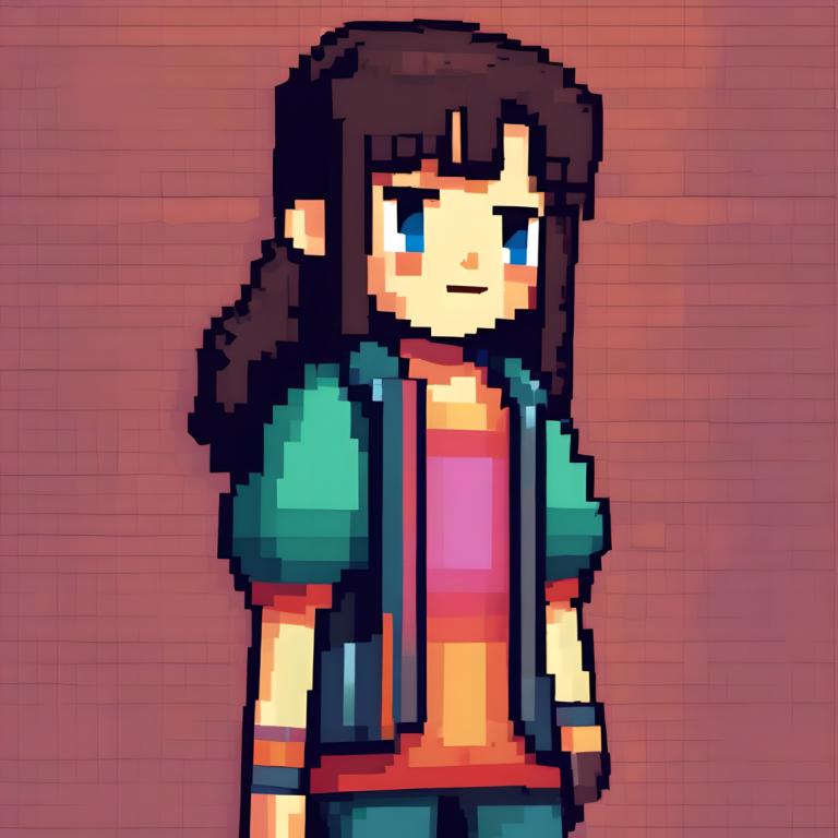 Pixel Art,Pixel Art, People, girl, solo, blue eyes, 1girl, brown hair, long hair, shirt, jacket, green jacket