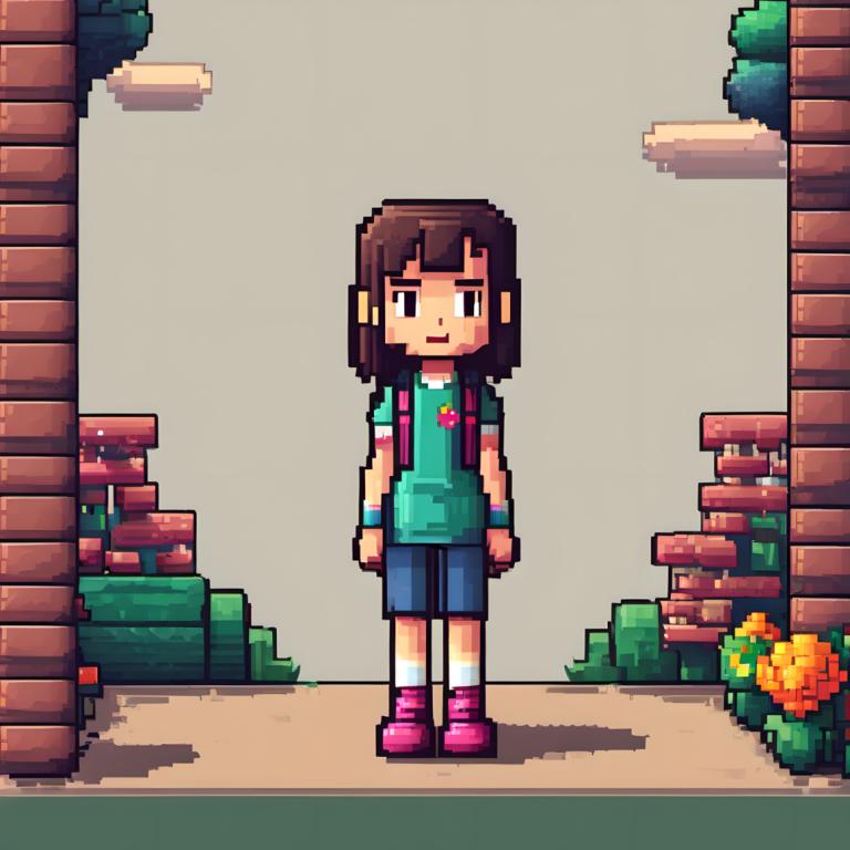 Pixel Art,Pixel Art, People, girl, brown hair, shirt, pink footwear, shorts, solo, backpack, green shirt