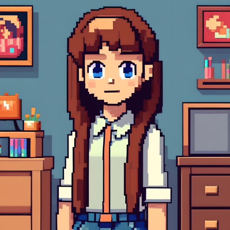 Pixel Art,Pixel Art, People, girl, 1girl, solo, brown hair, shirt, blue eyes, long hair, white shirt