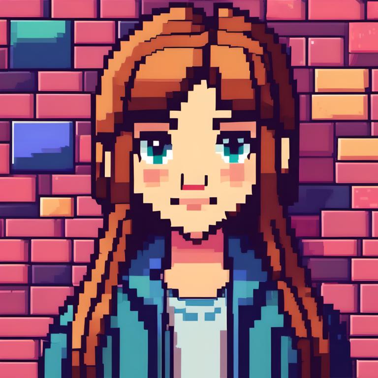 Pixel Art,Pixel Art, People, girl, 1girl, solo, long hair, brown hair, brick wall, looking at viewer