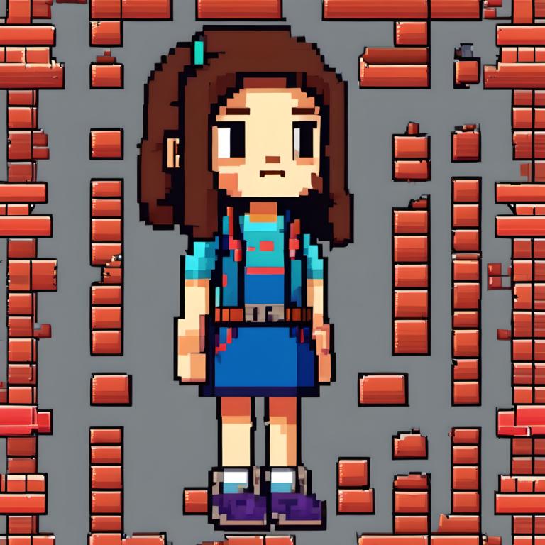 Pixel Art,Pixel Art, People, girl, 1girl, shirt, solo, brown hair, purple footwear, striped, grey background