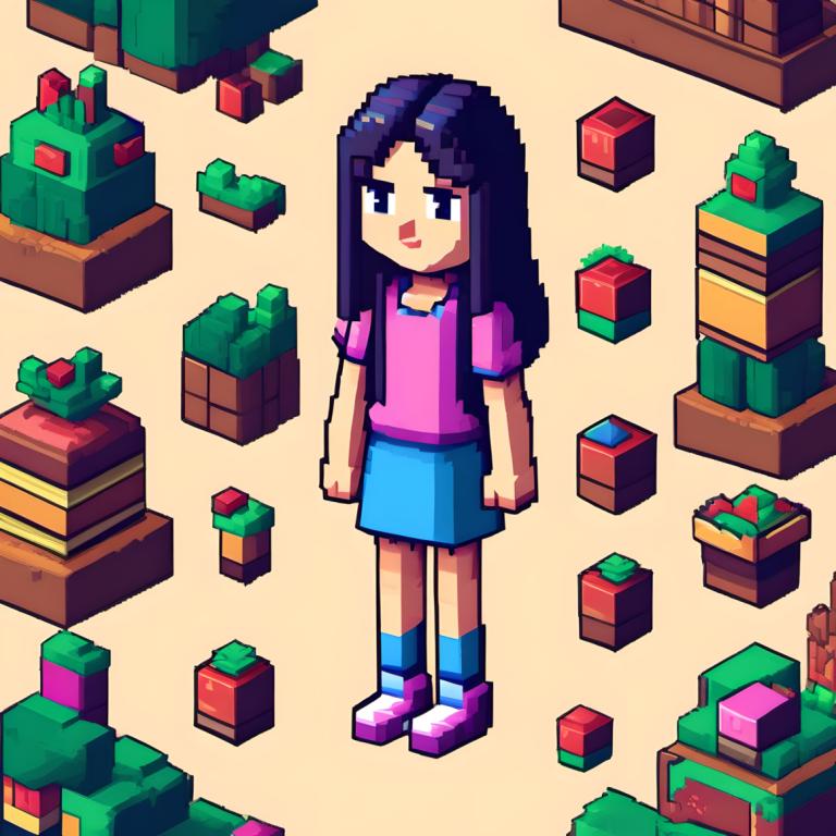 Arte de pixel,Arte de pixel, Gente, chica, 1 chica, solo, falda, camisa, pelo largo, sonrisa, de pie