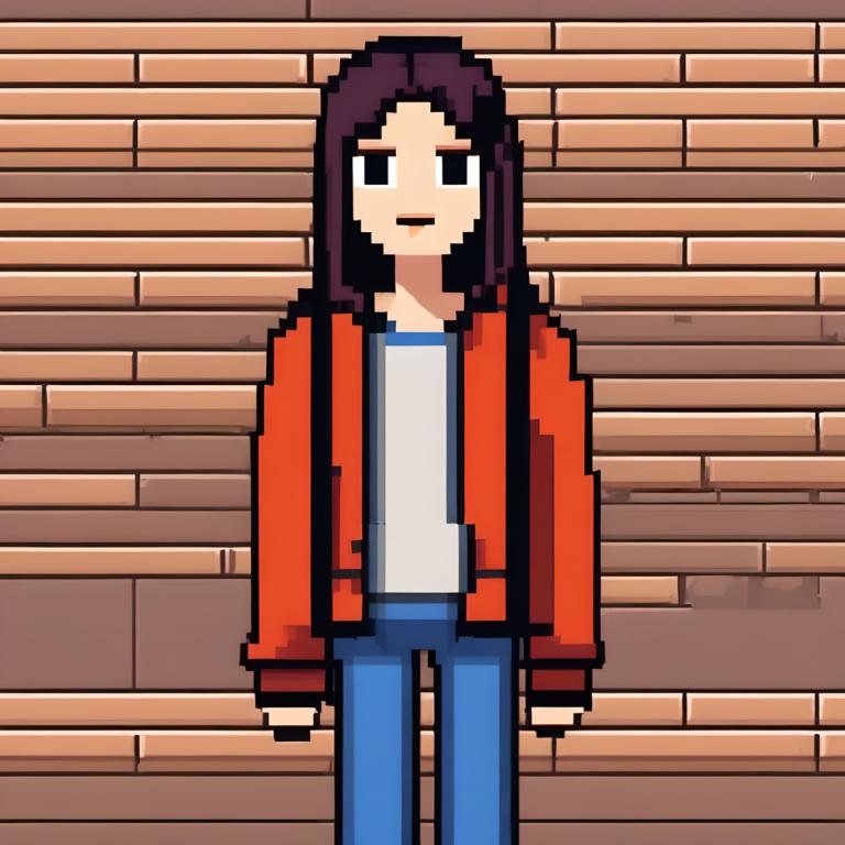 Pixel Art,Pixel Art, People, girl, solo, 1girl, shirt, pants, white shirt, brick wall, jacket, long hair