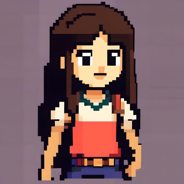 Pixel Art,Pixel Art, People, girl, solo, brown hair, long hair, belt, 1girl, shirt, black eyes