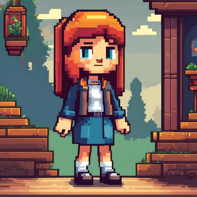 Pixel Art,Pixel Art, People, girl, 1girl, skirt, solo, blue eyes, jacket, plant, belt, shirt, orange hair