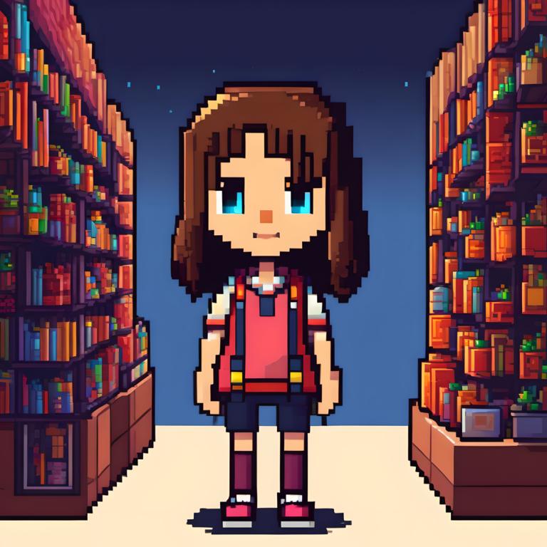 Pixel Art,Pixel Art, People, girl, 1girl, solo, brown hair, bookshelf, blue eyes, book, smile