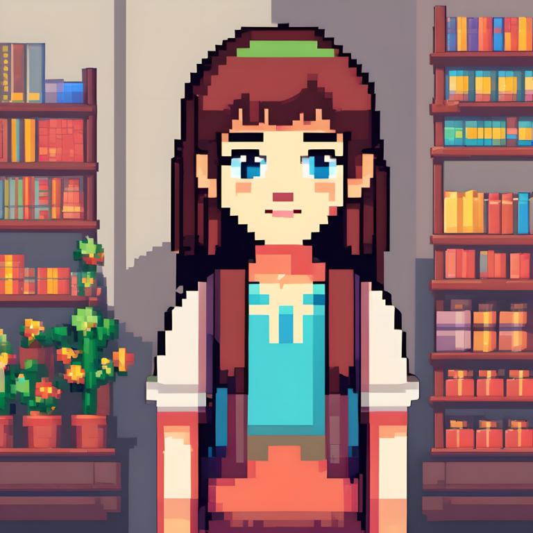 Pixel Art,Pixel Art, People, girl, 1girl, solo, brown hair, bookshelf, blue eyes, long hair, book, plant