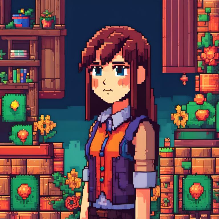 Pixel Art,Pixel Art, People, girl, 1girl, solo, brown hair, blue eyes, long hair, shirt, blush stickers