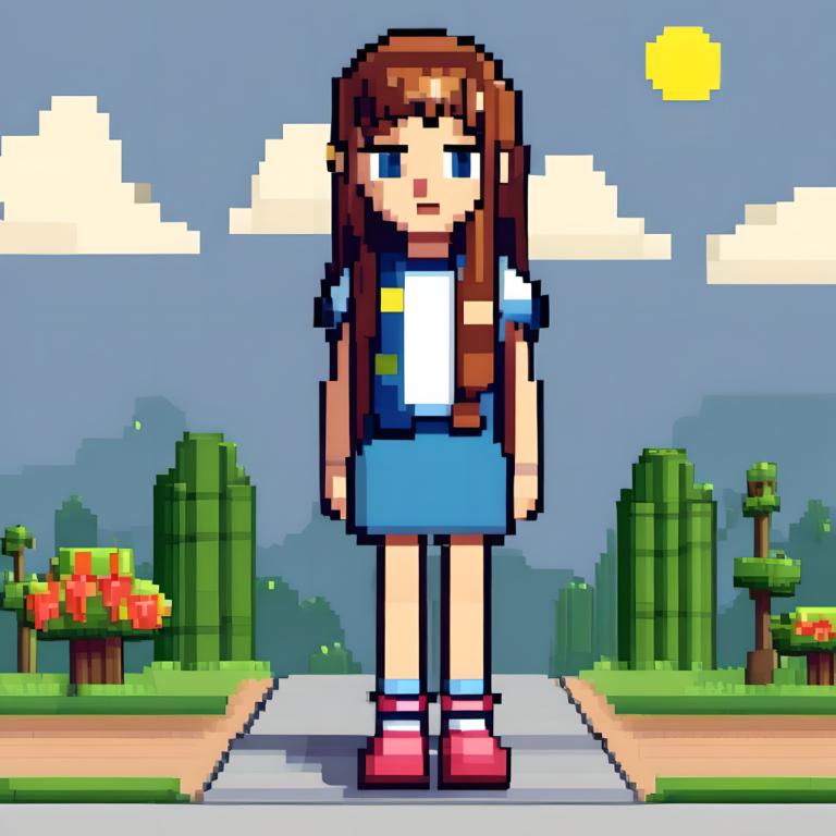 Pixel Art,Pixel Art, People, girl, 1girl, brown hair, solo, long hair, cloud, blue eyes, skirt, sun, outdoors