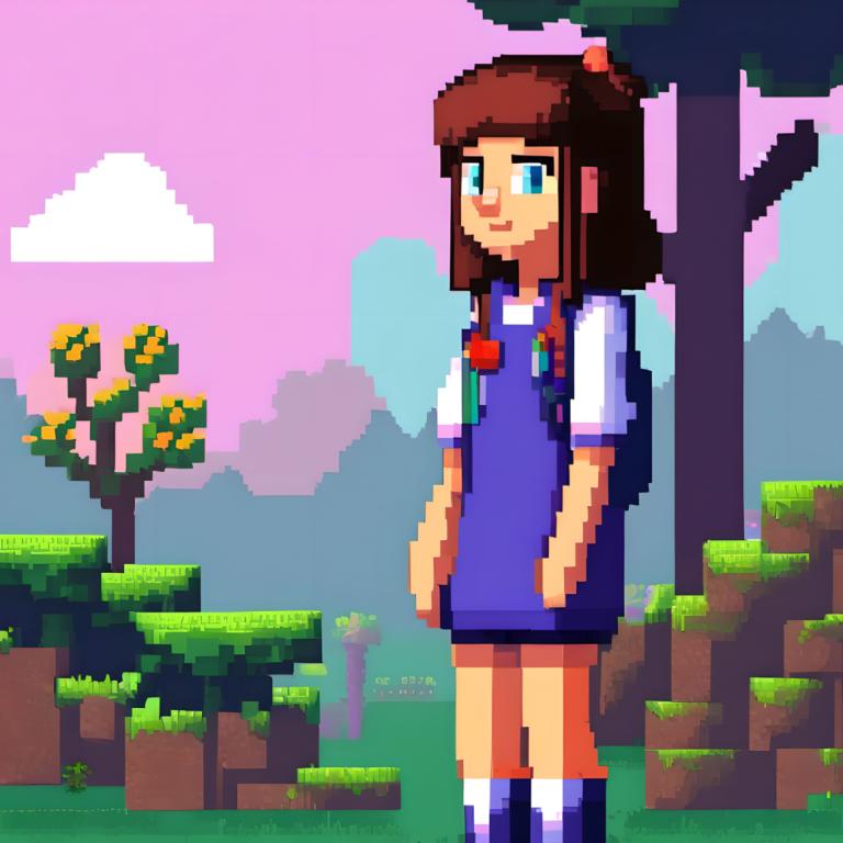 Pixel Art,Pixel Art, People, girl, 1girl, solo, brown hair, flower, outdoors, tree, blue eyes, cloud