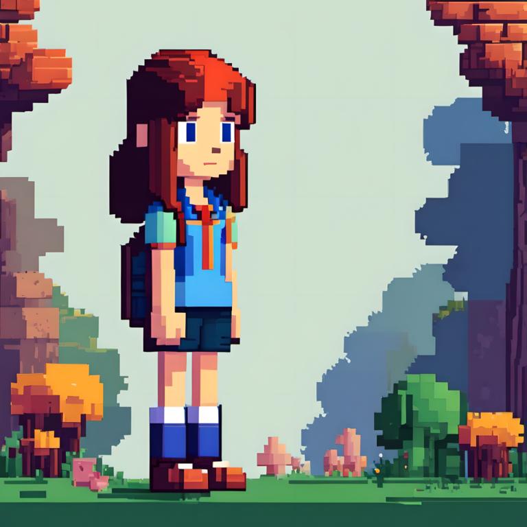 Pixel Art,Pixel Art, People, girl, 1girl, solo, brown hair, shirt, bag, blue eyes, outdoors, grass, backpack