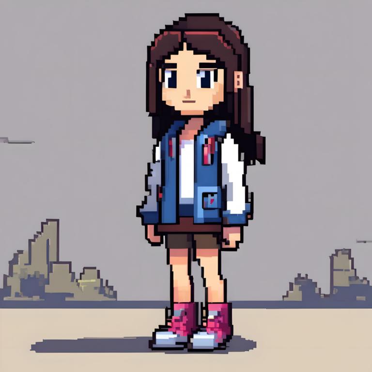 Pixel Art,Pixel Art, People, girl, 1girl, solo, brown hair, jacket, long hair, skirt, standing, full body