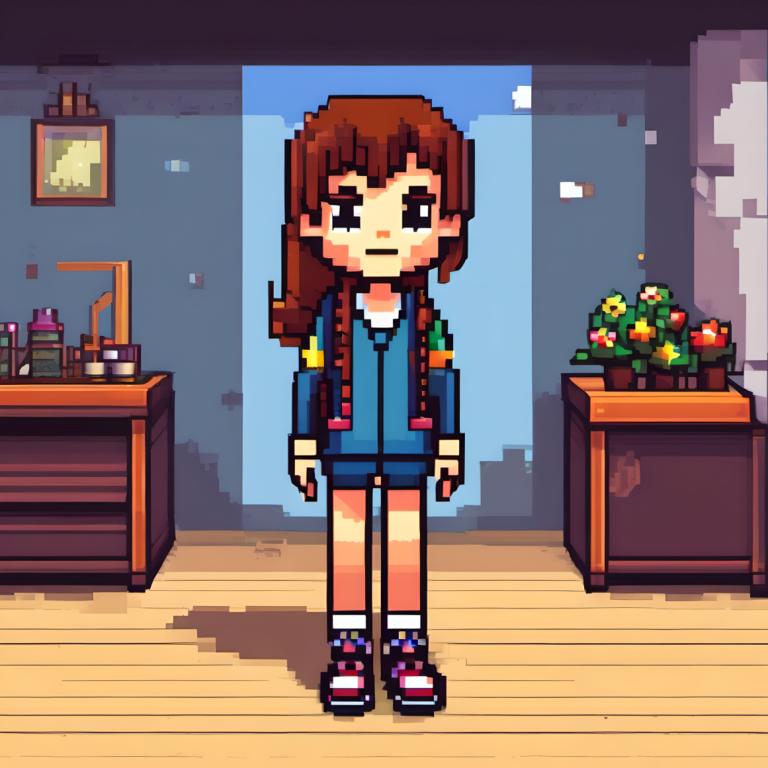 Pixel Art,Pixel Art, People, girl, 1girl, brown hair, solo, long hair, shorts, flower, standing, shirt