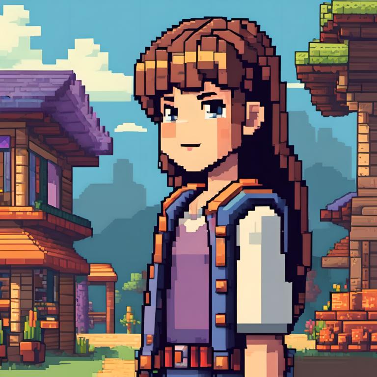 Pixel Art,Pixel Art, People, girl, brown hair, solo, long hair, outdoors, blue eyes, day, cloud, belt, sky