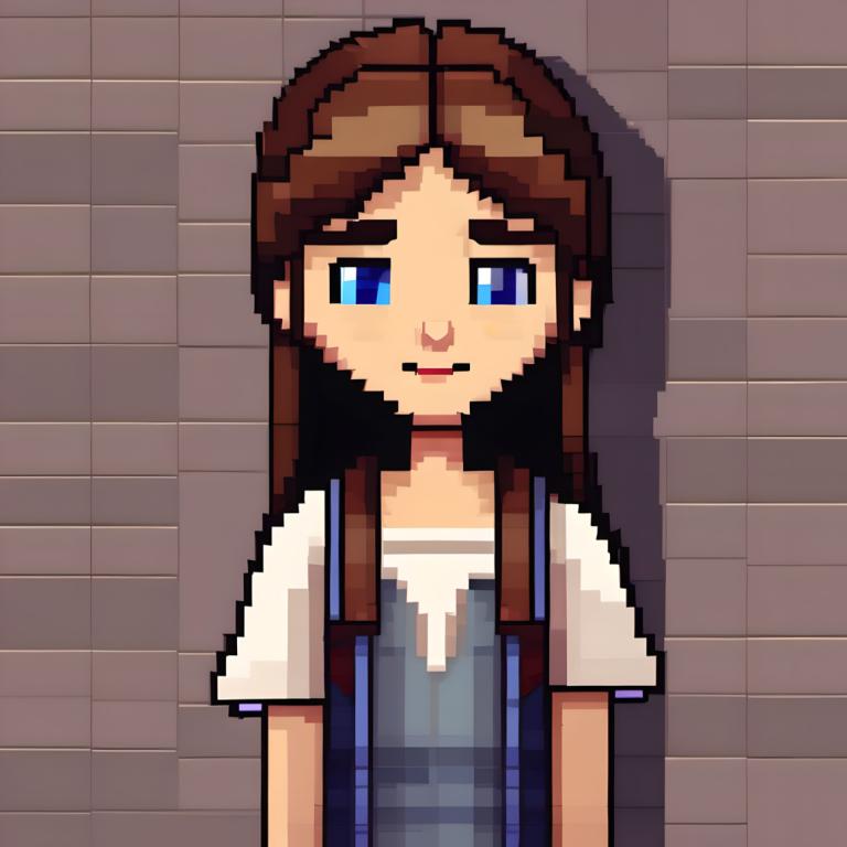 Pixel Art,Pixel Art, People, girl, solo, brown hair, blue eyes, shirt, white shirt, facial hair