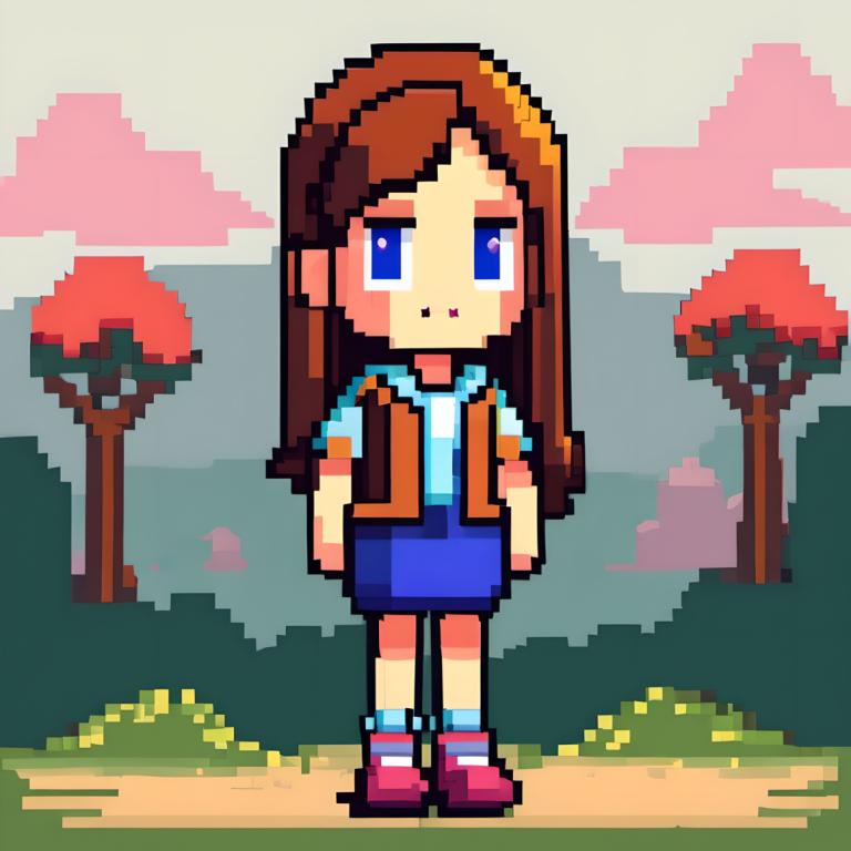 Pixel Art,Pixel Art, People, girl, 1girl, solo, brown hair, blue eyes, long hair, tree, outdoors, smile