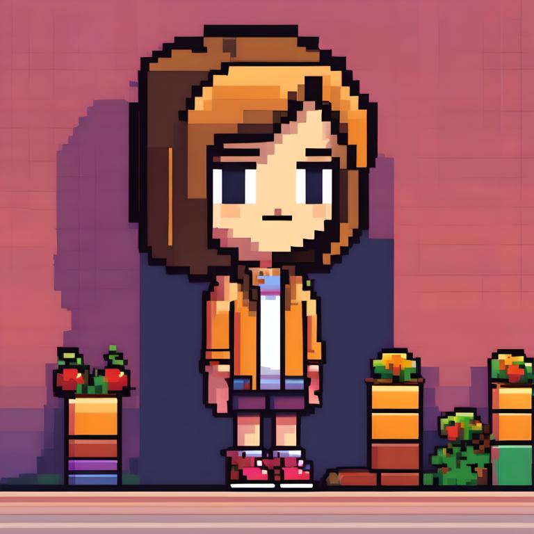 Pixel Art,Pixel Art, People, girl, 1girl, brown hair, solo, shirt, shoes, standing, shorts, red footwear