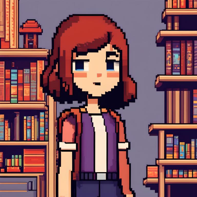 Pixel art,Pixel art, Personnes, fille, 1fille, étagère à livres, solo, yeux bleus, livre, chemise