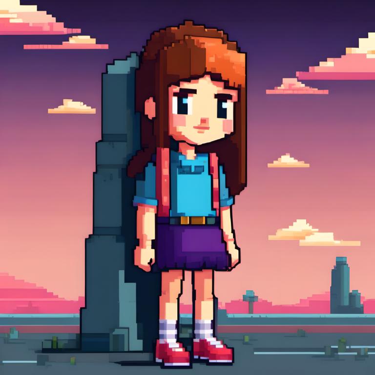 Pixel Art,Pixel Art, People, girl, 1girl, solo, shirt, brown hair, red footwear, purple skirt, skirt, cloud