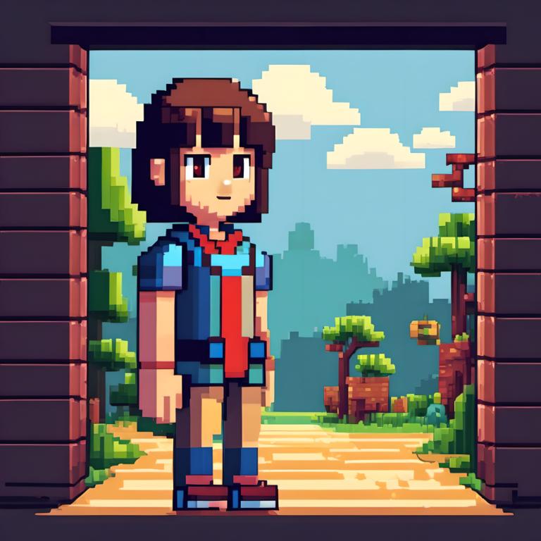 Pixel Art,Pixel Art, People, girl, solo, brown hair, shirt, male focus, outdoors, 1boy, brown eyes, cloud