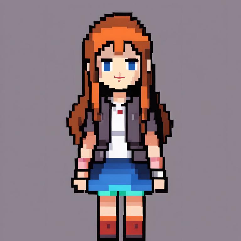 Pixel Art,Pixel Art, People, girl, 1girl, solo, blue eyes, long hair, grey background, skirt, wristband